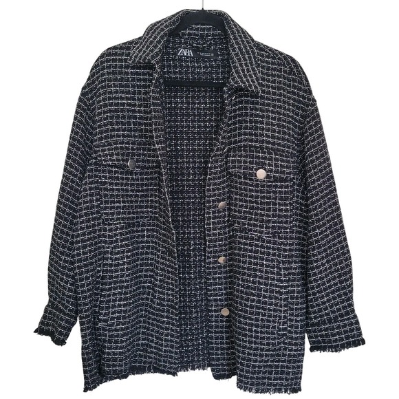Zara Jackets & Blazers - ZARA Women's Black White Plaid Button Fringe Mid-Length Jacket M Long Sleeve